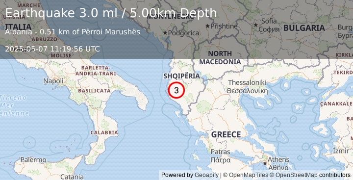Earthquake ALBANIA (2.9 ml) (2025-05-07 11:19:57 UTC)