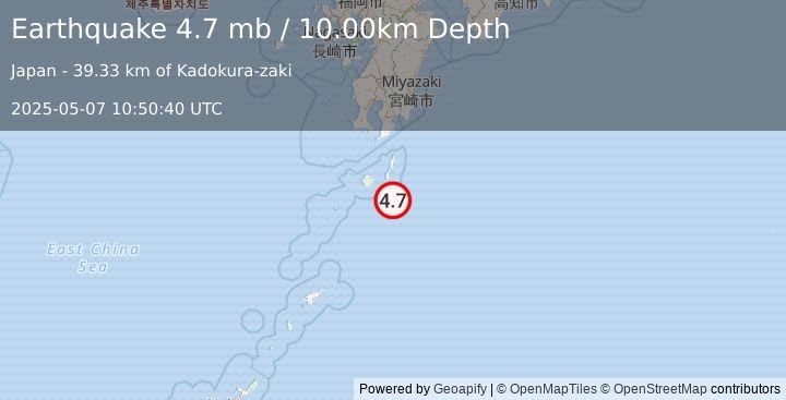 Earthquake KYUSHU, JAPAN (4.7 mb) (2025-05-07 10:50:40 UTC)