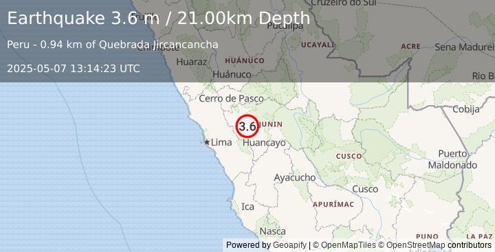 Earthquake CENTRAL PERU (3.6 m) (2025-05-07 13:14:23 UTC)