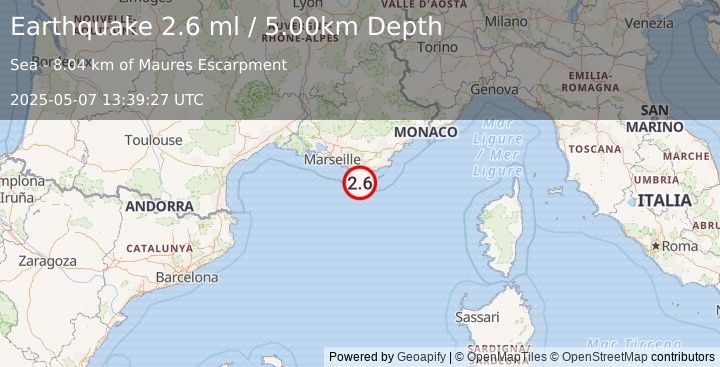 Earthquake WESTERN MEDITERRANEAN SEA (2.4 ml) (2025-05-07 13:39:24 UTC)