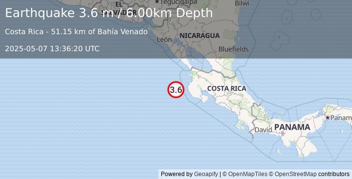 Earthquake OFF COAST OF COSTA RICA (3.6 m) (2025-05-07 13:36:20 UTC)