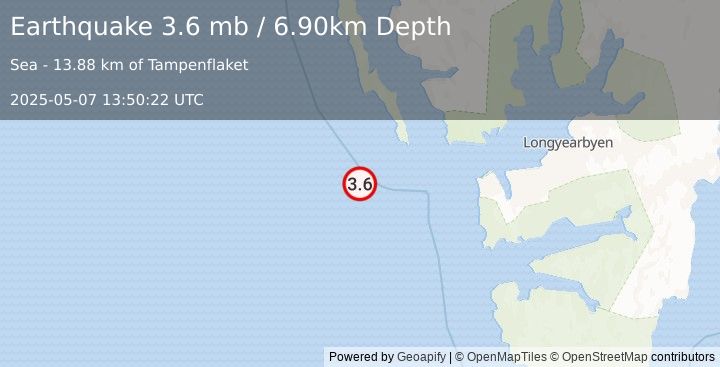 Earthquake SVALBARD REGION (3.6 mb) (2025-05-07 13:50:22 UTC)