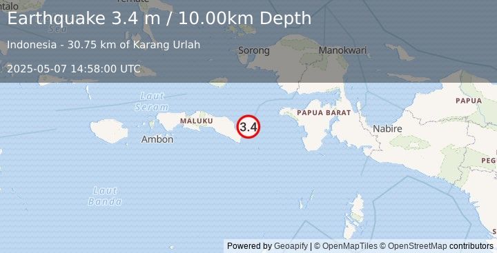 Earthquake CERAM SEA, INDONESIA (3.4 m) (2025-05-07 14:58:00 UTC)
