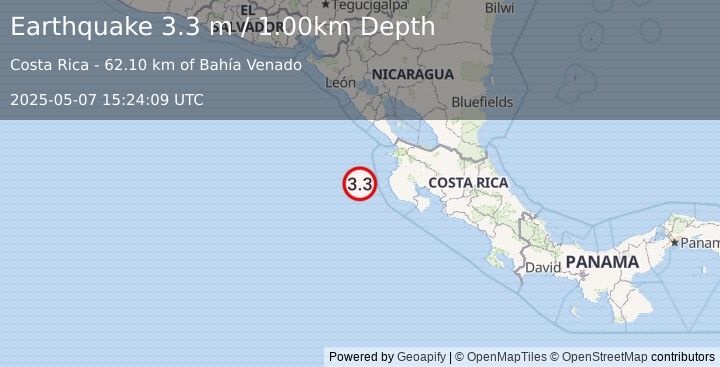 Earthquake OFF COAST OF COSTA RICA (3.3 m) (2025-05-07 15:24:09 UTC)
