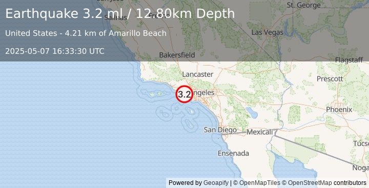 Earthquake SANTA MONICA BAY, CALIFORNIA (3.2 ml) (2025-05-07 16:33:30 UTC)