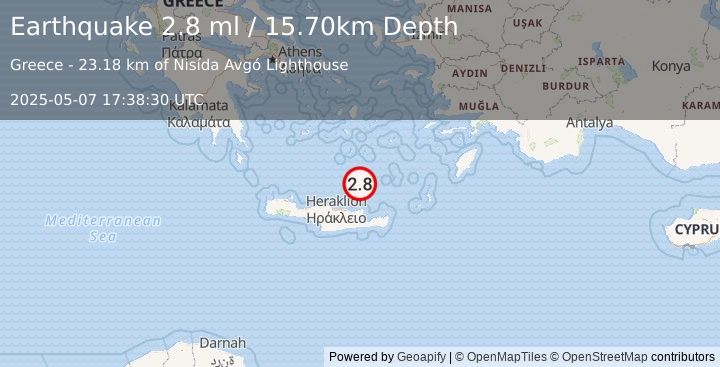 Earthquake CRETE, GREECE (2.8 ml) (2025-05-07 17:38:31 UTC)