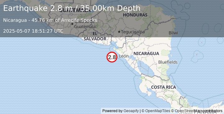 Earthquake NEAR COAST OF NICARAGUA (2.8 m) (2025-05-07 18:51:27 UTC)