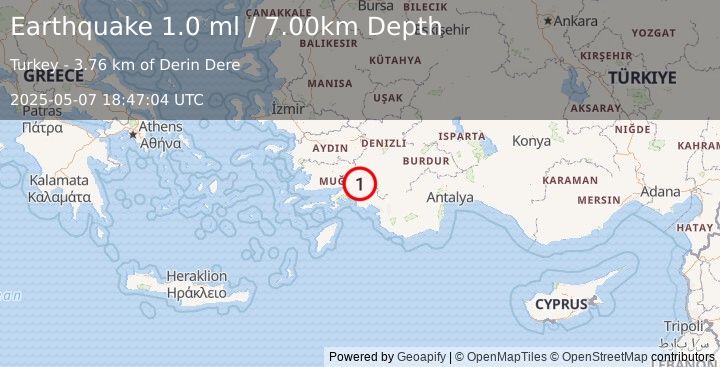 Earthquake WESTERN TURKEY (1.0 ml) (2025-05-07 18:47:04 UTC)