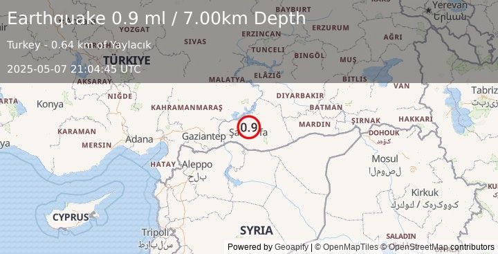 Earthquake EASTERN TURKEY (0.9 ml) (2025-05-07 21:04:45 UTC)