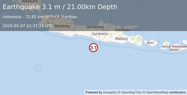Earthquake JAVA, INDONESIA (3.1 m) (2025-05-07 22:31:24 UTC)