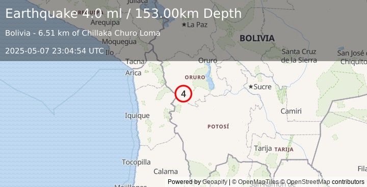 Earthquake ORURO, BOLIVIA (4.5 mb) (2025-05-07 23:04:50 UTC)