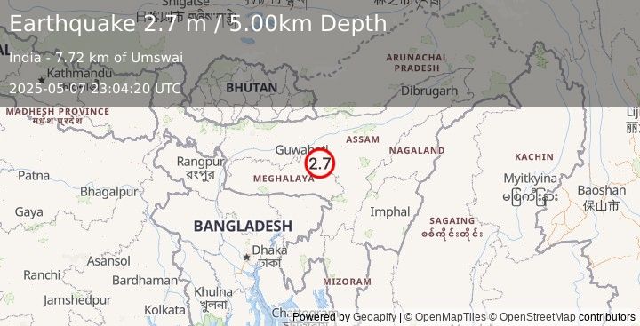 Earthquake MEGHALAYA - ASSAM REGION, INDIA (2.7 m) (2025-05-07 23:04:20 UTC)