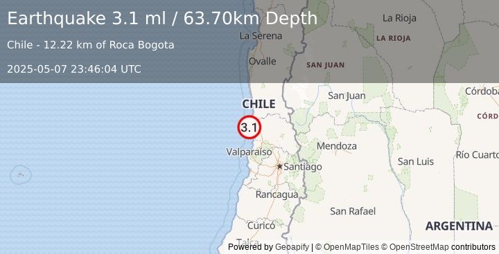 Earthquake OFFSHORE VALPARAISO, CHILE (3.1 ml) (2025-05-07 23:46:04 UTC)