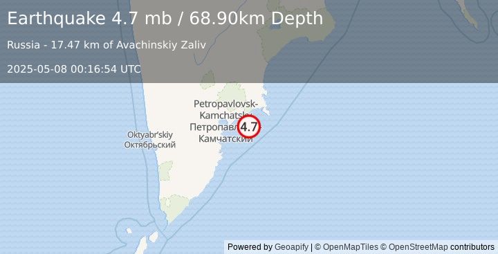 Earthquake OFF EAST COAST OF KAMCHATKA (4.7 mb) (2025-05-08 00:16:54 UTC)