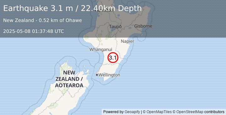 Earthquake NORTH ISLAND OF NEW ZEALAND (3.1 m) (2025-05-08 01:37:48 UTC)