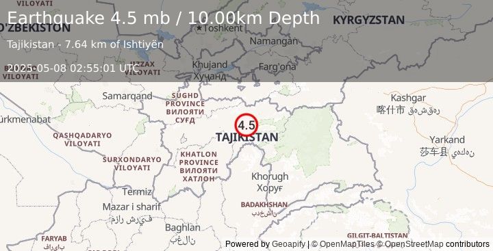 Earthquake TAJIKISTAN (4.5 mb) (2025-05-08 02:55:01 UTC)