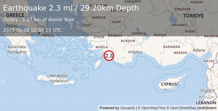 Earthquake DODECANESE IS.-TURKEY BORDER REG (2.3 ml) (2025-05-08 02:56:10 UTC)