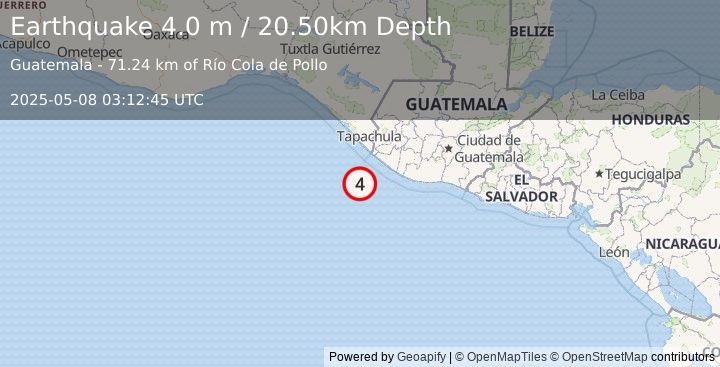 Earthquake OFFSHORE GUATEMALA (4.0 m) (2025-05-08 03:12:45 UTC)