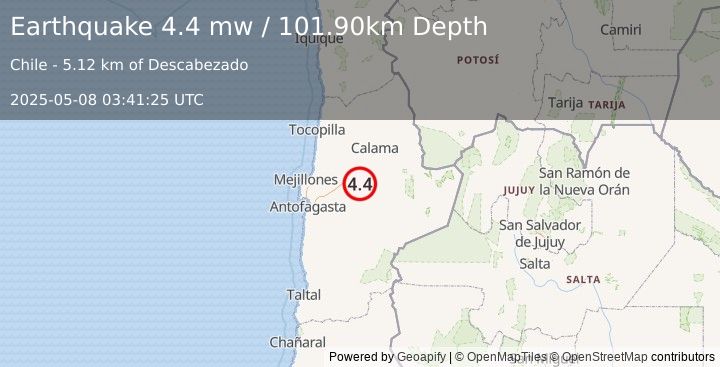 Earthquake ANTOFAGASTA, CHILE (4.4 mw) (2025-05-08 03:41:25 UTC)