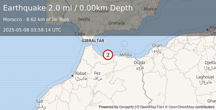 Earthquake STRAIT OF GIBRALTAR (2.0 ml) (2025-05-08 03:58:14 UTC)
