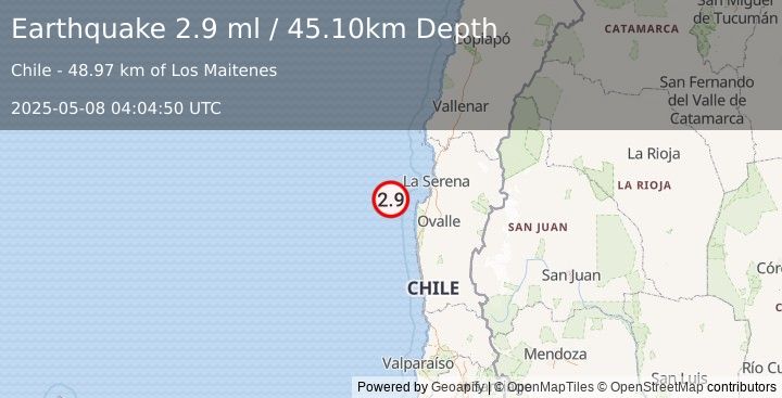 Earthquake OFFSHORE COQUIMBO, CHILE (2.9 ml) (2025-05-08 04:04:50 UTC)