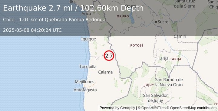 Earthquake ANTOFAGASTA, CHILE (2.7 ml) (2025-05-08 04:20:24 UTC)