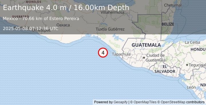 Earthquake OFFSHORE CHIAPAS, MEXICO (4.0 m) (2025-05-08 07:12:36 UTC)