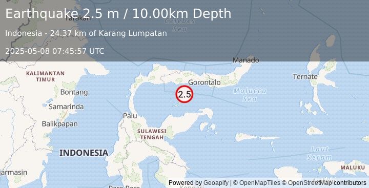 Earthquake MINAHASA, SULAWESI, INDONESIA (2.5 m) (2025-05-08 07:45:57 UTC)