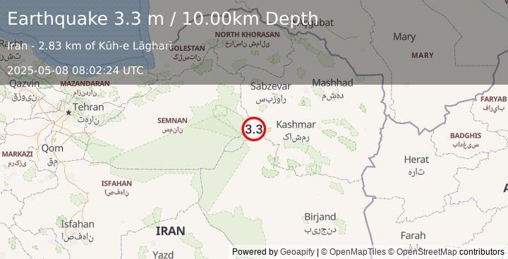 Earthquake NORTHEASTERN IRAN (3.3 m) (2025-05-08 08:02:24 UTC)