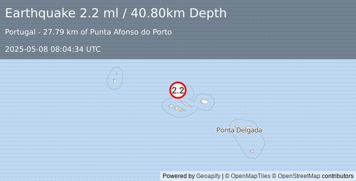 Earthquake AZORES ISLANDS, PORTUGAL (2.2 ml) (2025-05-08 08:04:34 UTC)
