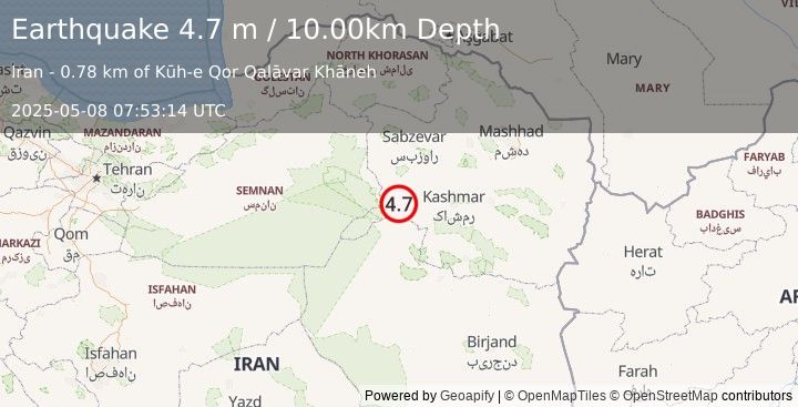 Earthquake NORTHEASTERN IRAN (4.7 m) (2025-05-08 07:53:14 UTC)
