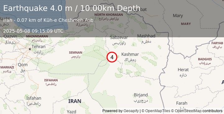 Earthquake NORTHEASTERN IRAN (4.0 m) (2025-05-08 09:15:09 UTC)