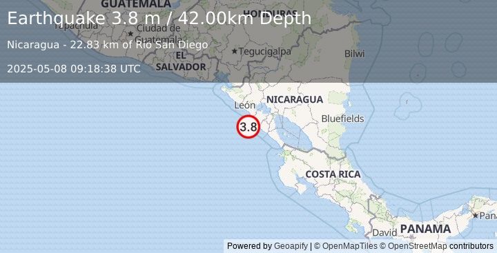 Earthquake NEAR COAST OF NICARAGUA (3.8 m) (2025-05-08 09:18:38 UTC)