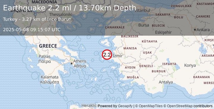 Earthquake NEAR THE COAST OF WESTERN TURKEY (2.2 ml) (2025-05-08 09:15:07 UTC)