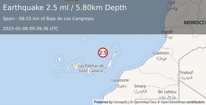 Earthquake CANARY ISLANDS, SPAIN REGION (2.5 ml) (2025-05-08 09:39:36 UTC)
