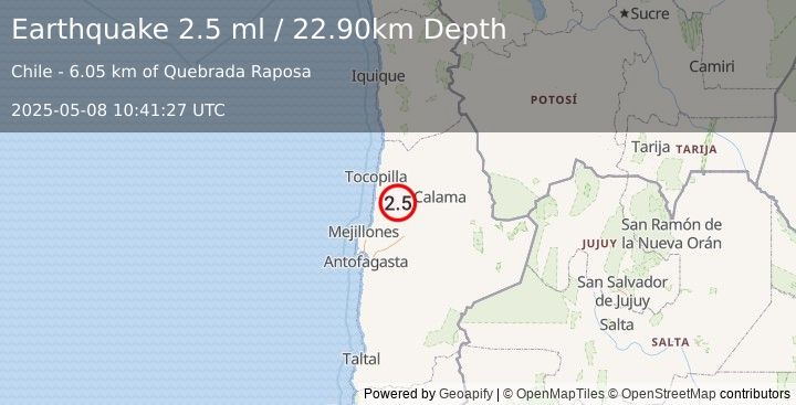 Earthquake ANTOFAGASTA, CHILE (2.5 ml) (2025-05-08 10:41:27 UTC)