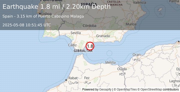 Earthquake STRAIT OF GIBRALTAR (1.8 ml) (2025-05-08 10:51:45 UTC)