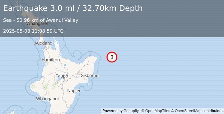 Earthquake OFF E. COAST OF N. ISLAND, N.Z. (3.0 ml) (2025-05-08 11:08:59 UTC)