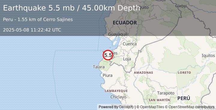 Earthquake PERU-ECUADOR BORDER REGION (5.4 mw) (2025-05-08 11:22:42 UTC)