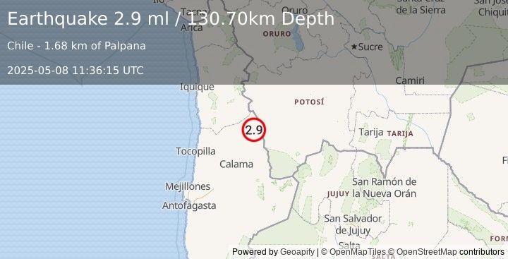 Earthquake ANTOFAGASTA, CHILE (2.9 ml) (2025-05-08 11:36:15 UTC)