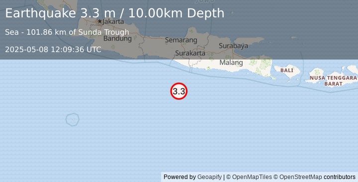 Earthquake SOUTH OF JAVA, INDONESIA (3.3 m) (2025-05-08 12:09:36 UTC)