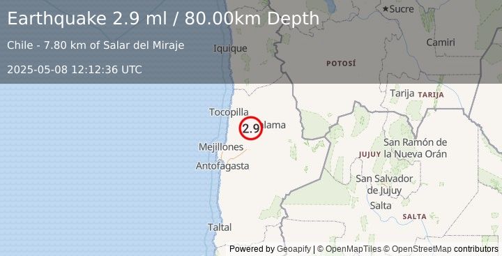 Earthquake ANTOFAGASTA, CHILE (2.9 ml) (2025-05-08 12:12:36 UTC)