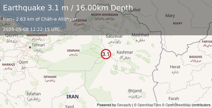 Earthquake NORTHEASTERN IRAN (3.1 m) (2025-05-08 12:22:15 UTC)