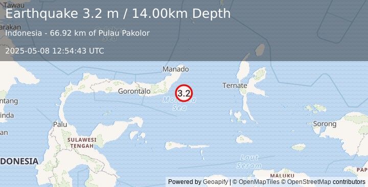 Earthquake MOLUCCA SEA (3.2 m) (2025-05-08 12:54:43 UTC)