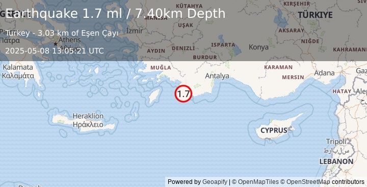 Earthquake WESTERN TURKEY (1.7 ml) (2025-05-08 13:05:21 UTC)