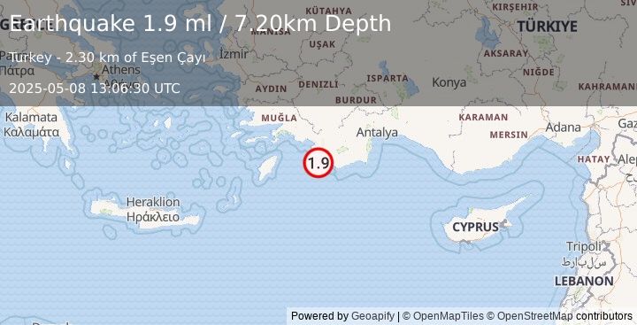 Earthquake WESTERN TURKEY (1.9 ml) (2025-05-08 13:06:30 UTC)