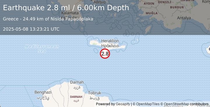 Earthquake CRETE, GREECE (2.8 ml) (2025-05-08 13:23:21 UTC)