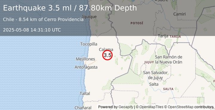 Earthquake ANTOFAGASTA, CHILE (3.5 ml) (2025-05-08 14:31:10 UTC)