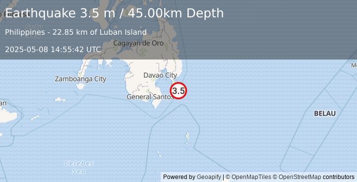 Earthquake MINDANAO, PHILIPPINES (3.5 m) (2025-05-08 14:55:42 UTC)