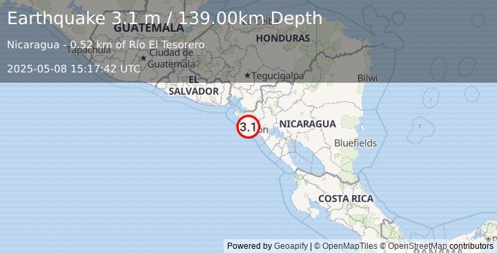 Earthquake NEAR COAST OF NICARAGUA (3.1 m) (2025-05-08 15:17:42 UTC)